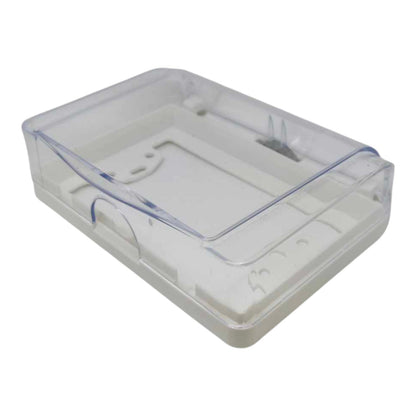 A clear plastic storage box with a transparent lid and a white base, shown on a plain white background.