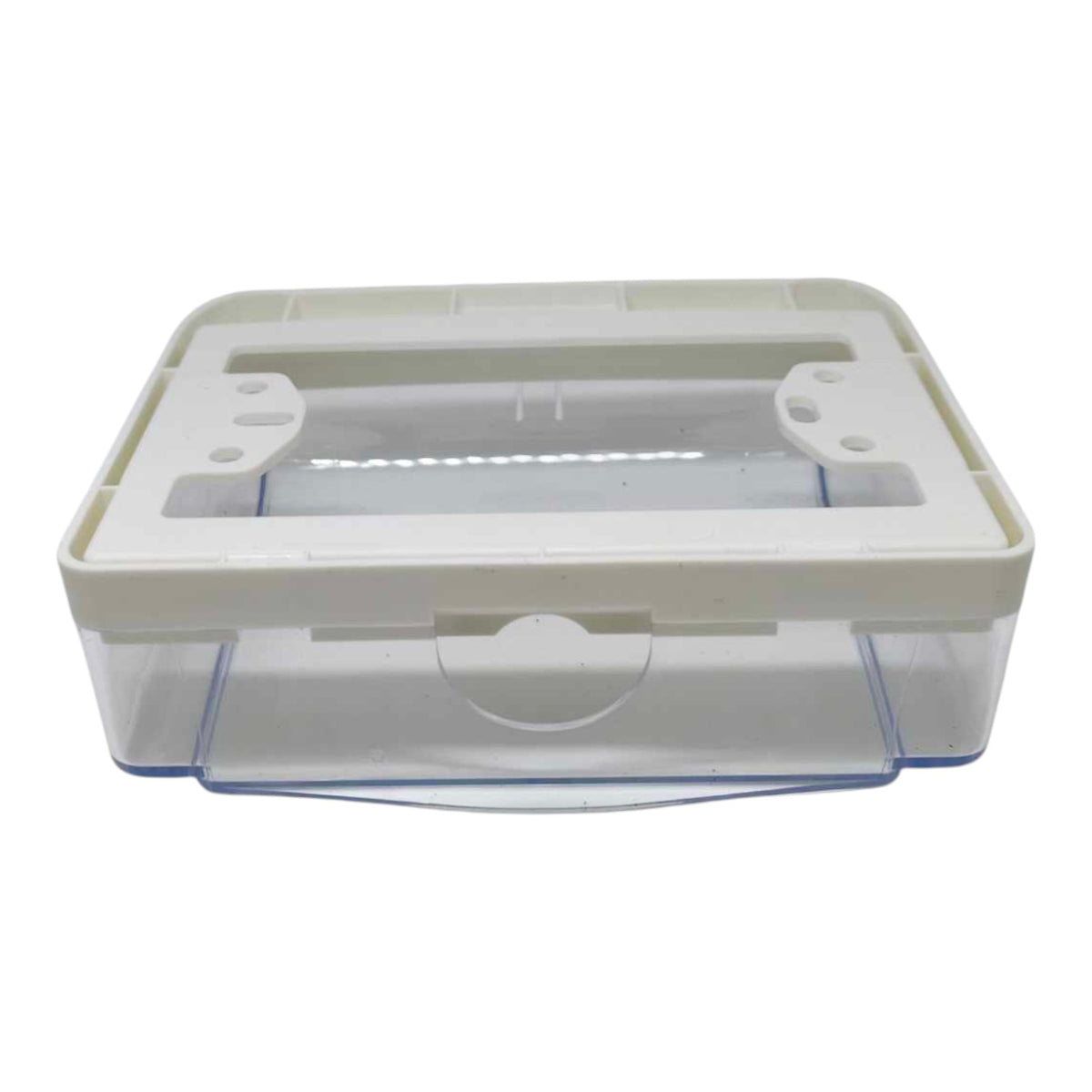 A small rectangular plastic storage box with a translucent clear front and bottom, and a white lid, shown on a plain white background.