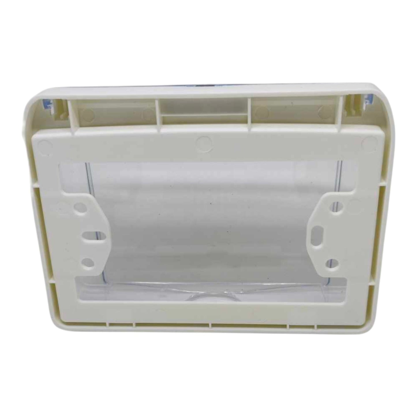 An off-white plastic mounting frame or cover with a clear plastic window in the center, shown against a plain white background.