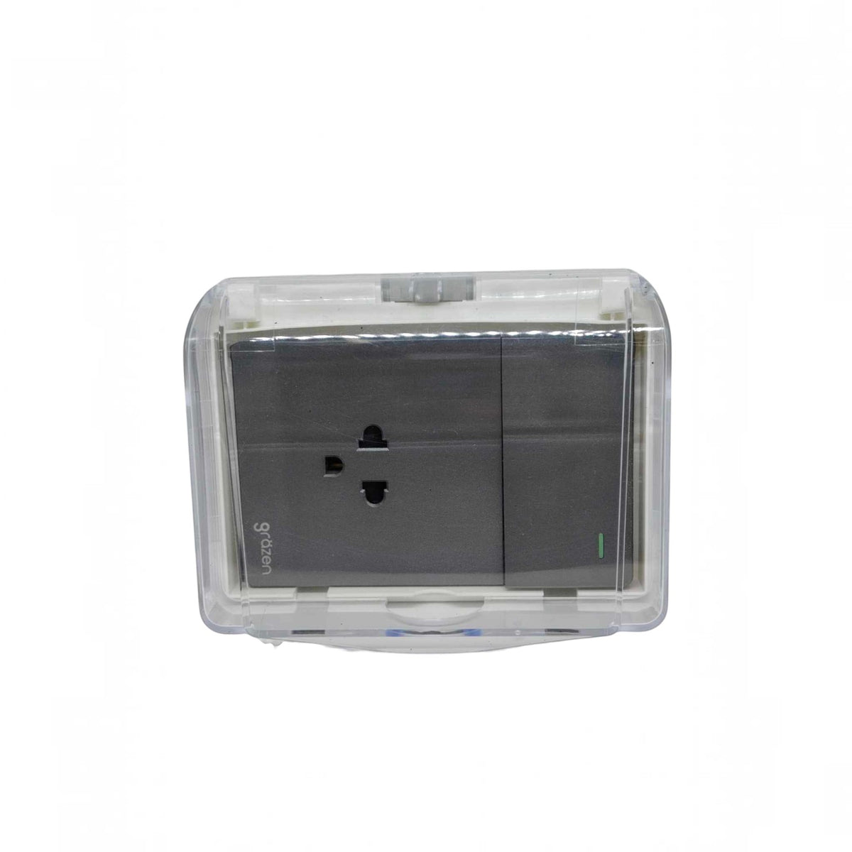 A double electrical outlet socket covered by a transparent protective plastic shell, shown against a plain white background.