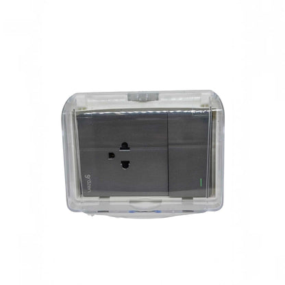 A double electrical outlet socket covered by a transparent protective plastic shell, shown against a plain white background.