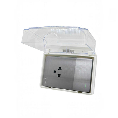 A waterproof outdoor wall socket cover with a transparent clear plastic rain cover open above a silver metal socket cover, set against a plain white background.