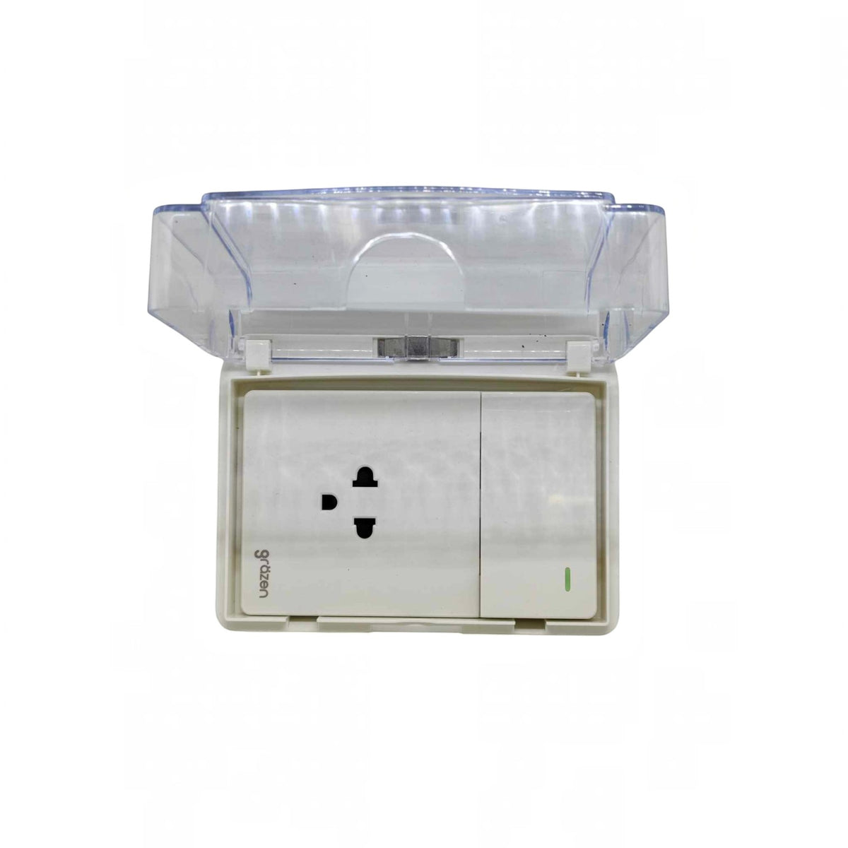 A white wall outlet with a transparent protective cover, shown open against a plain white background.
