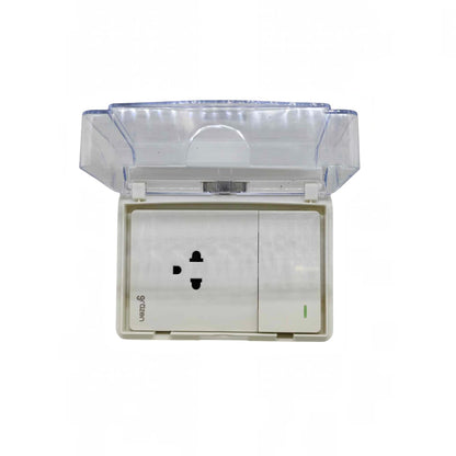 A white wall outlet with a transparent protective cover, shown open against a plain white background.