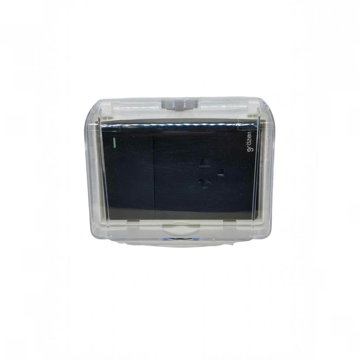 A black double electrical outlet covered in a clear plastic protective case, shown against a plain white background.
