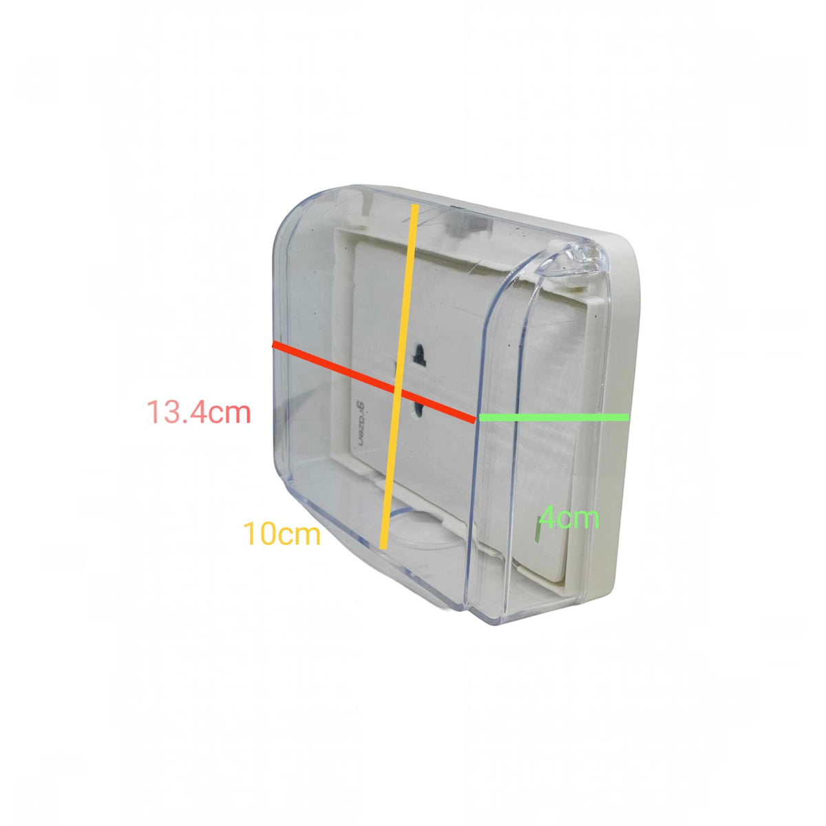 A transparent plastic electrical outlet cover shown on a white background with overlaid dimension lines and labels indicating 13.4 cm, 10 cm, and 6 cm.