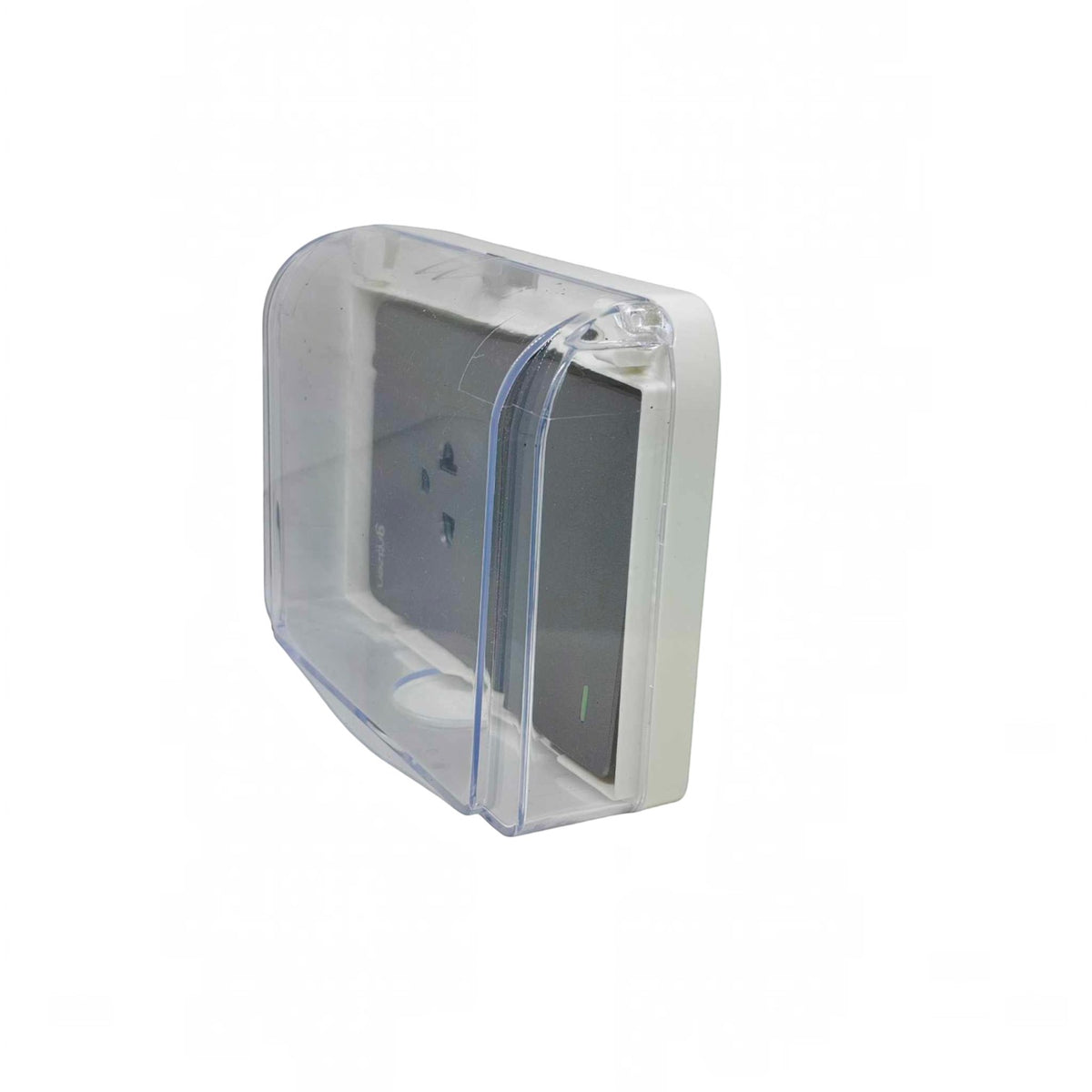 A clear plastic protective cover designed for a wall-mounted electrical outlet, shown on a solid white background.