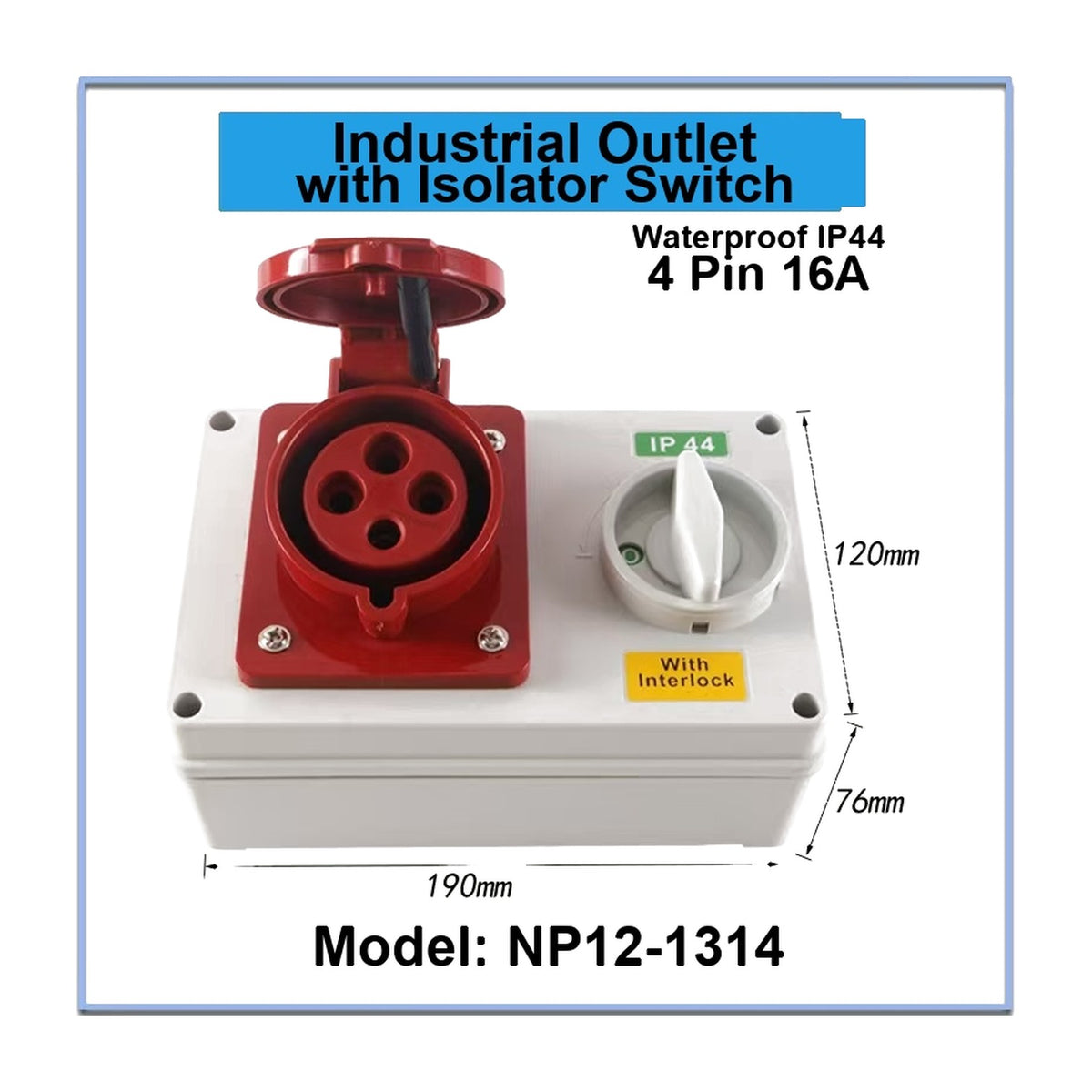 Grippes 16A 3P+E 415V AC 6H Industrial Outlet with Isolator Switch NP12-1314