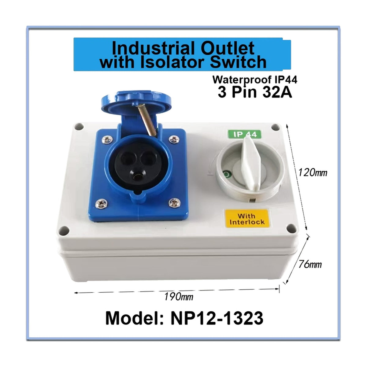 Grippes 32A 2P+E 230V AC 6H Industrial Outlet with Isolator Switch NP12-1323