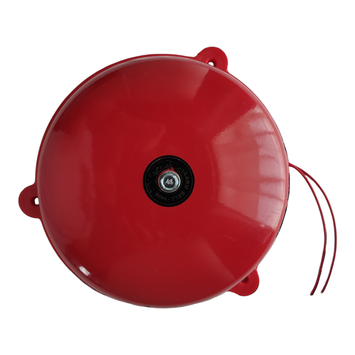 A glossy red circular bell with a black central dial and two red hanging cords, photographed on a plain white background.