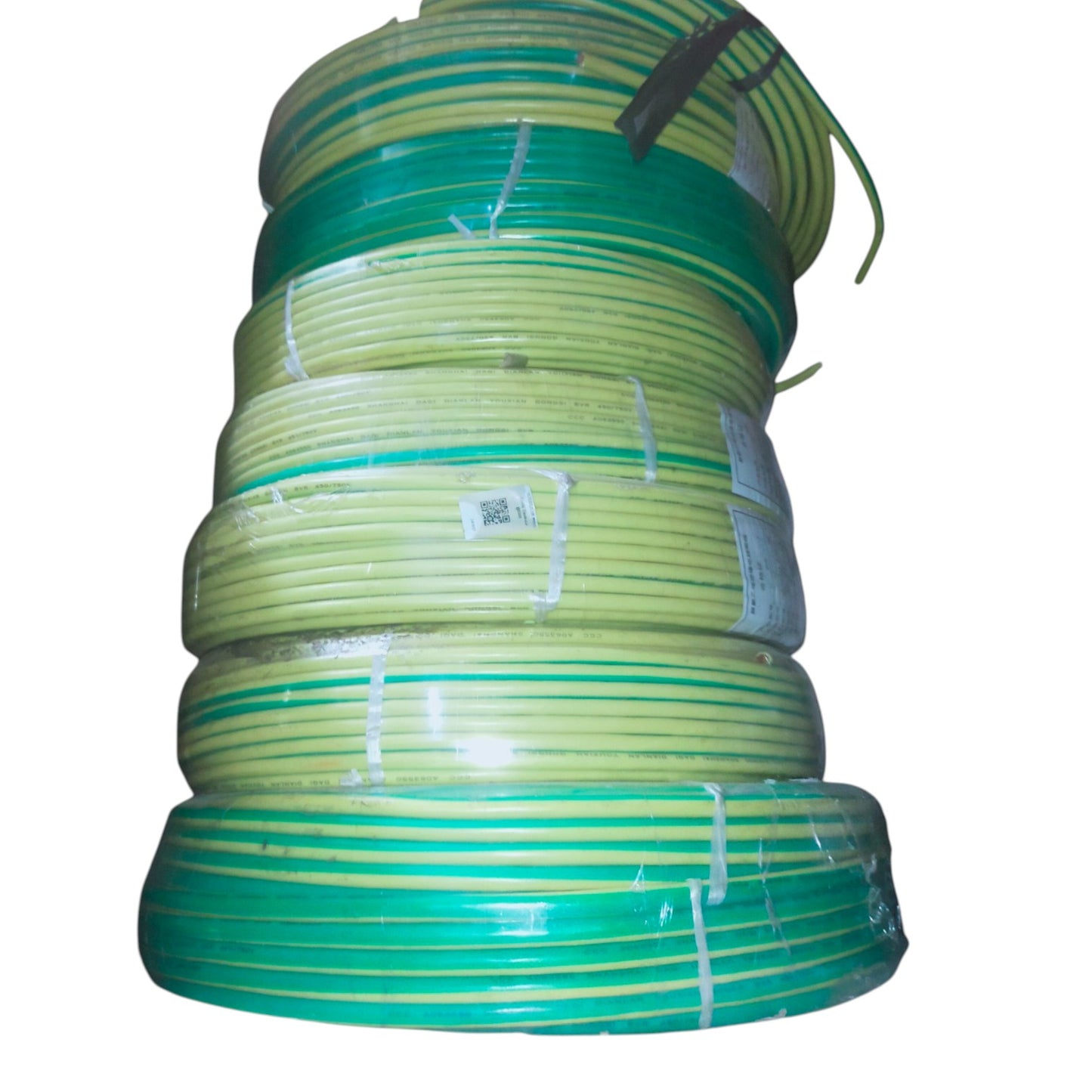 A stack of coiled green and yellow striped piping or tubing wrapped in clear plastic on a white background.