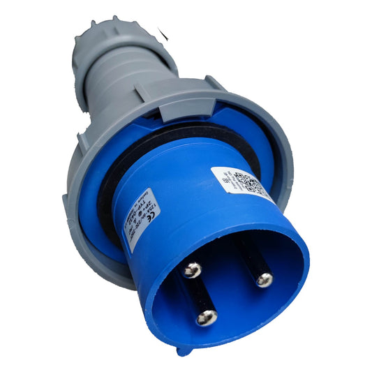Blue electrical plug with gray connector on a white background