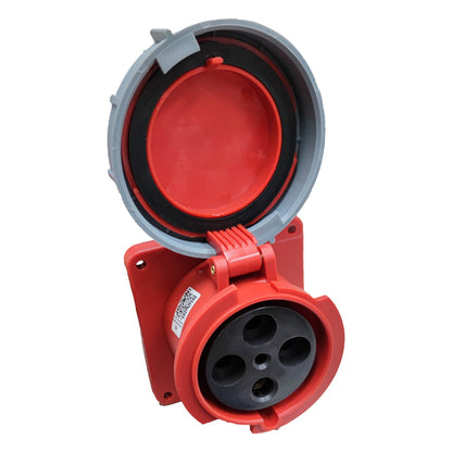 Red electrical plug/socket on a white background