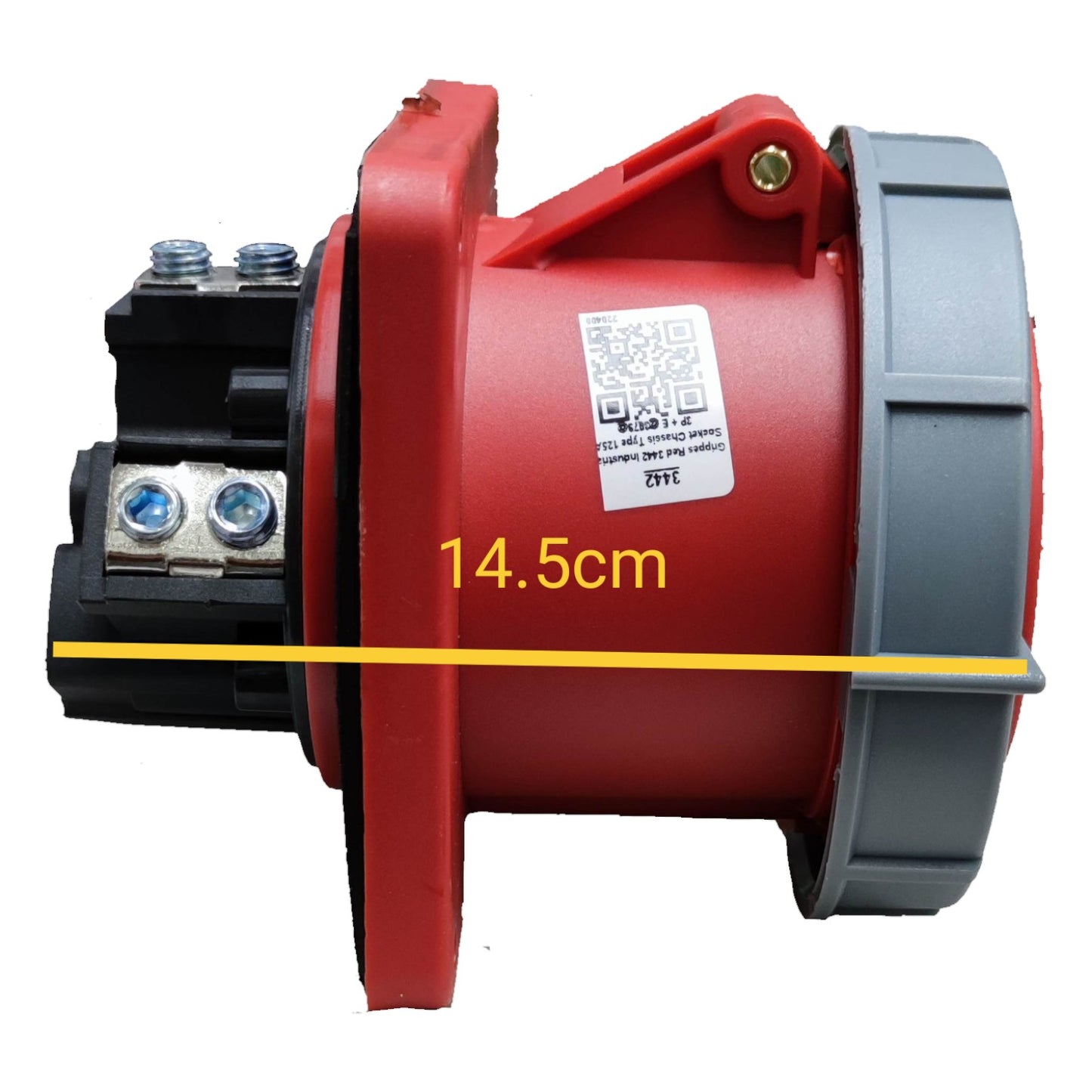 Red mechanical component with a measurement label on a white background