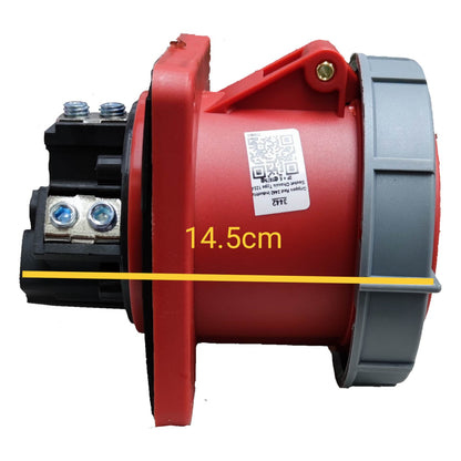 Red mechanical component with a measurement label on a white background