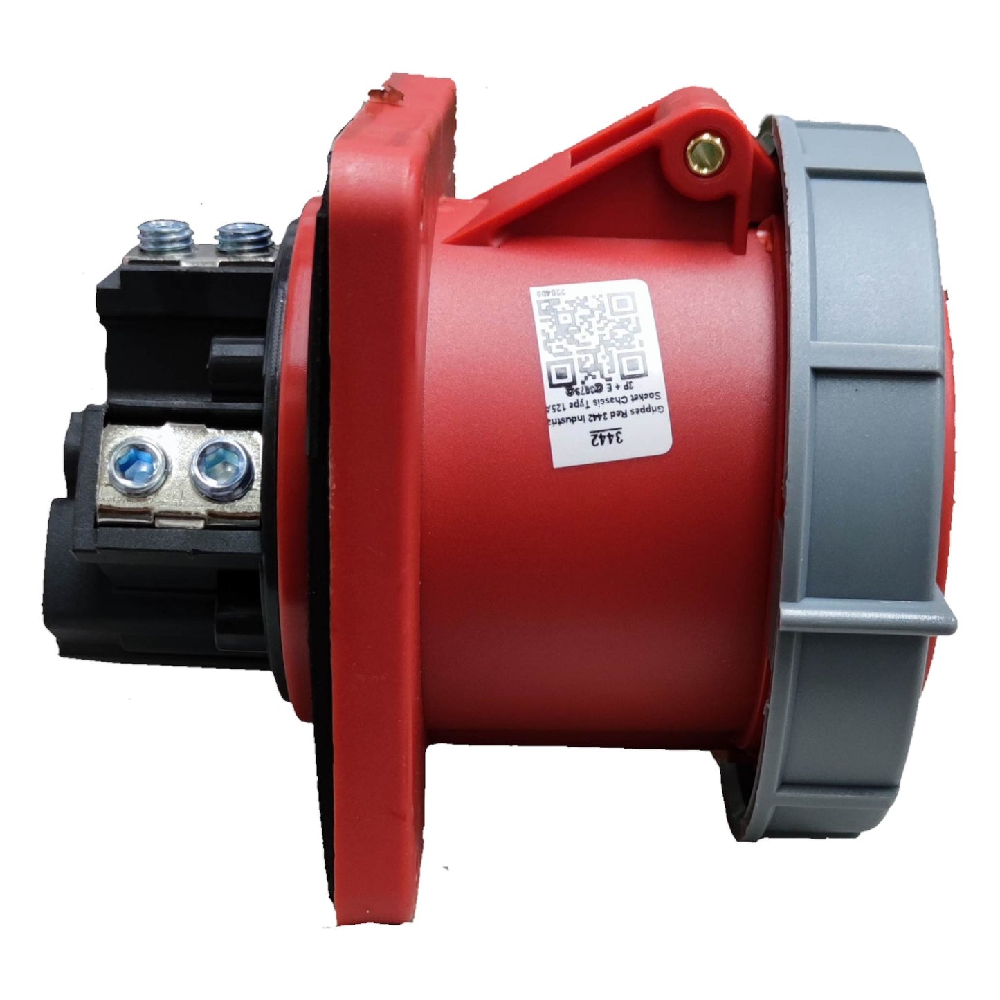 Red and gray mechanical component with visible branding on a white background