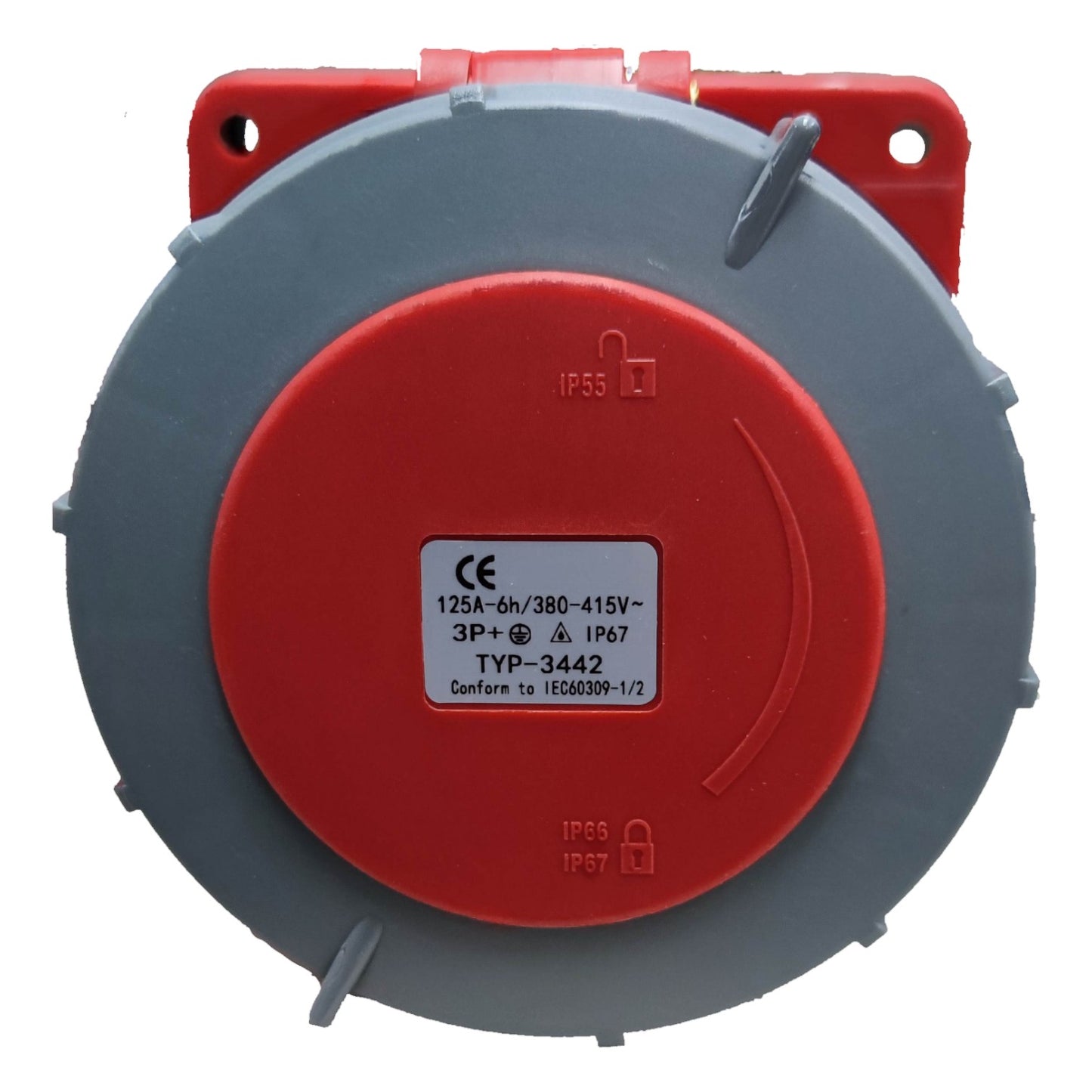 Red and gray electrical junction box with CE marking on a white background