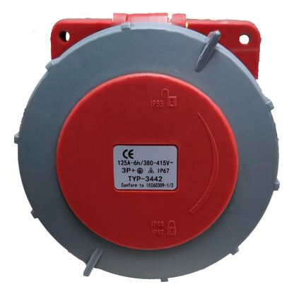 Red and gray electrical junction box with CE marking on a white background