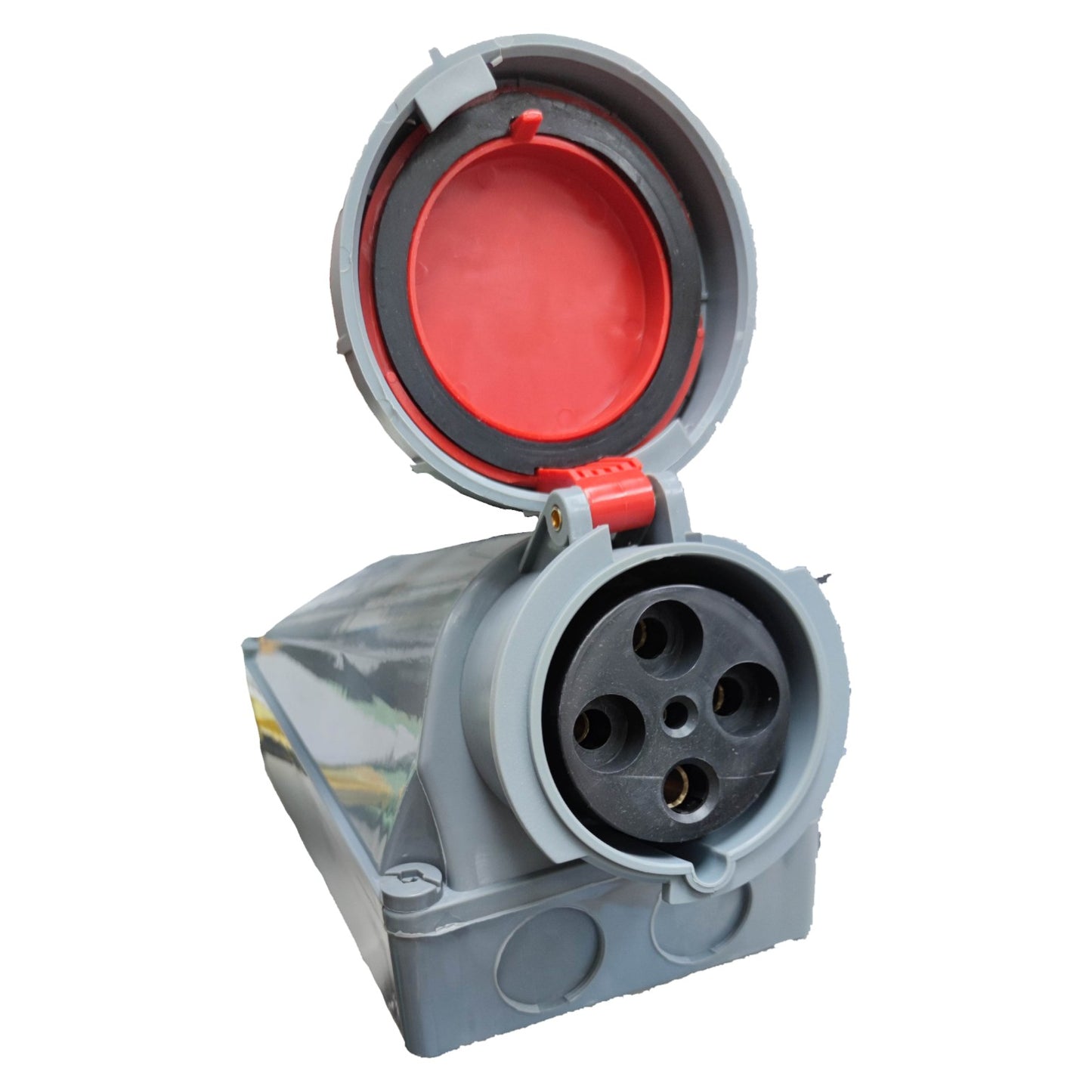 Electrical plug with a red interior on a white background