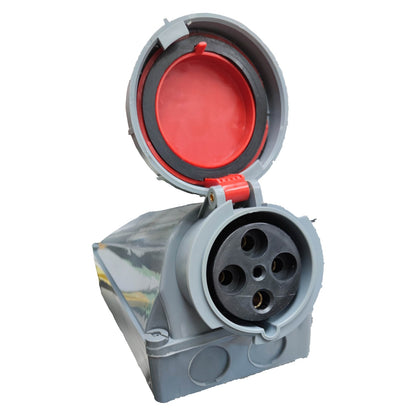 Electrical plug with a red interior on a white background