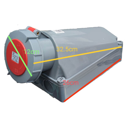 Gray mechanical component with red and yellow measurements on a white background