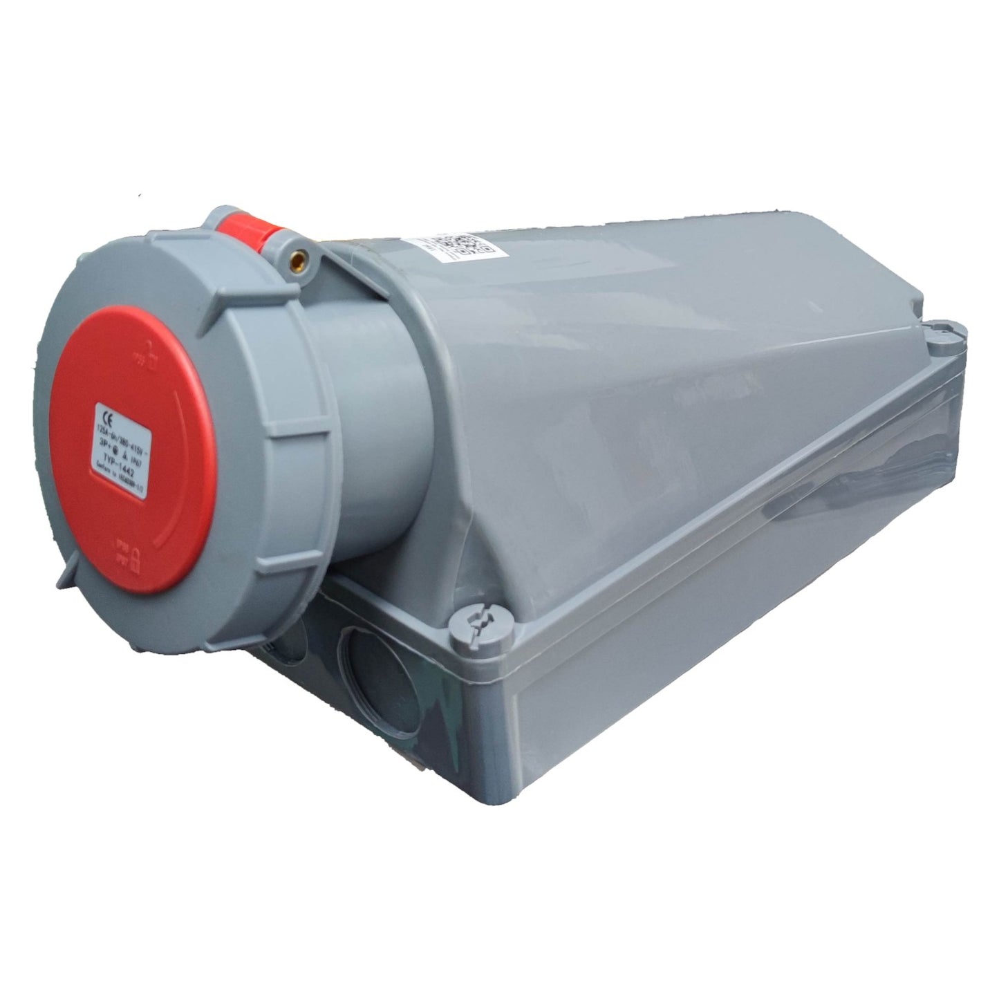 Gray mechanical component with a red circular part on a white background
