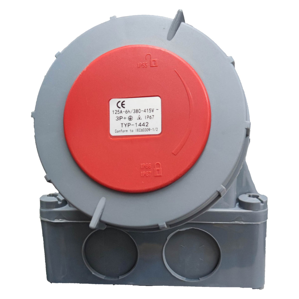 Electrical junction box with red cover and visible CE label on a white background