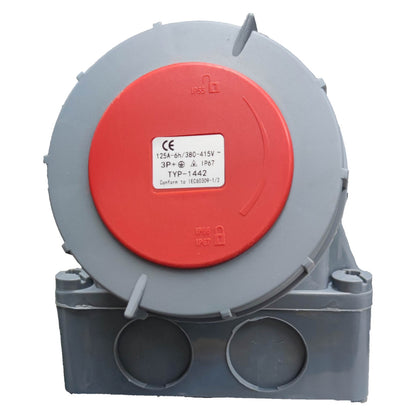 Electrical junction box with red cover and visible CE label on a white background