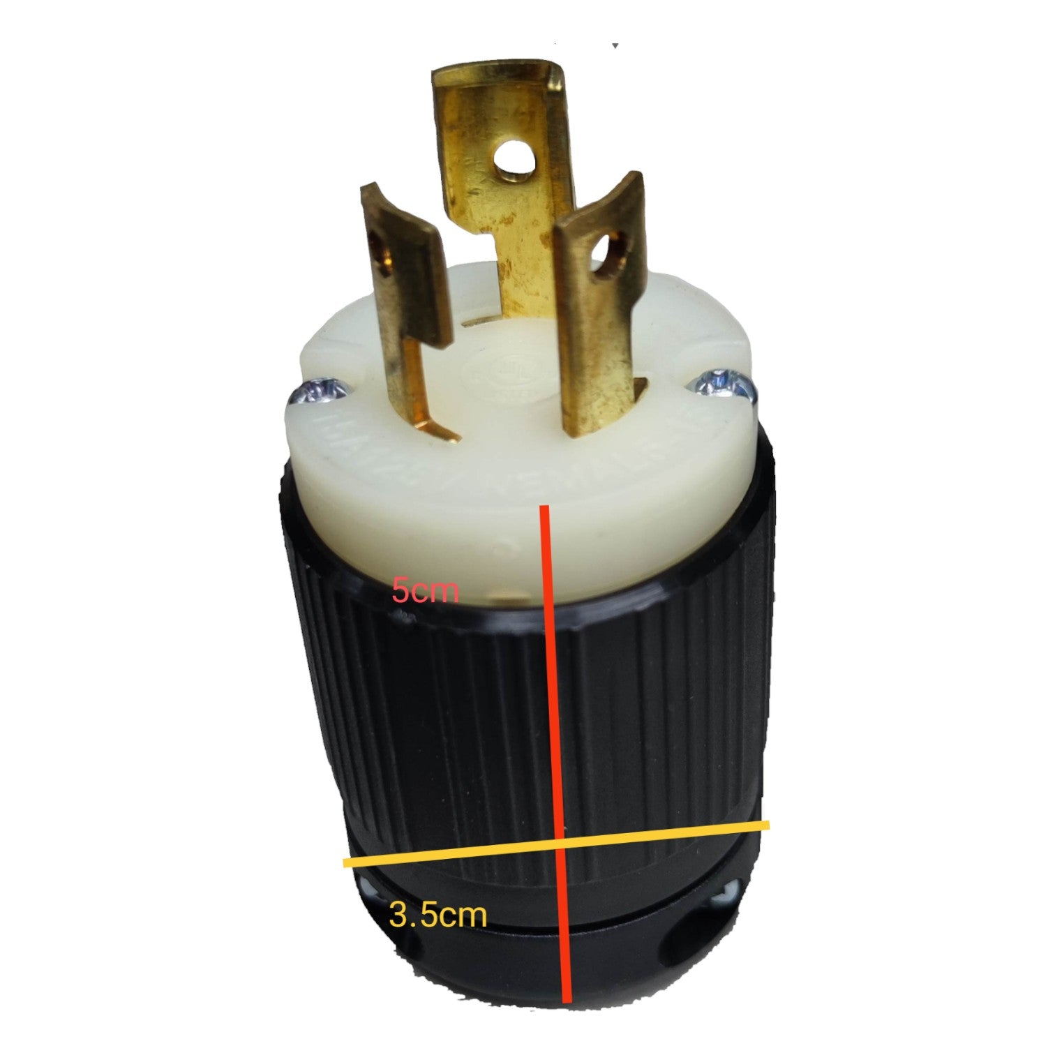 Electrical plug with measurements on a white background Grippes 15A 125V Twist Lock Plug  Twistlock Plug with Ground 2P+E( 3Pins) BL515P Nema L-5 Twist to Lock Electx Electrical Supply