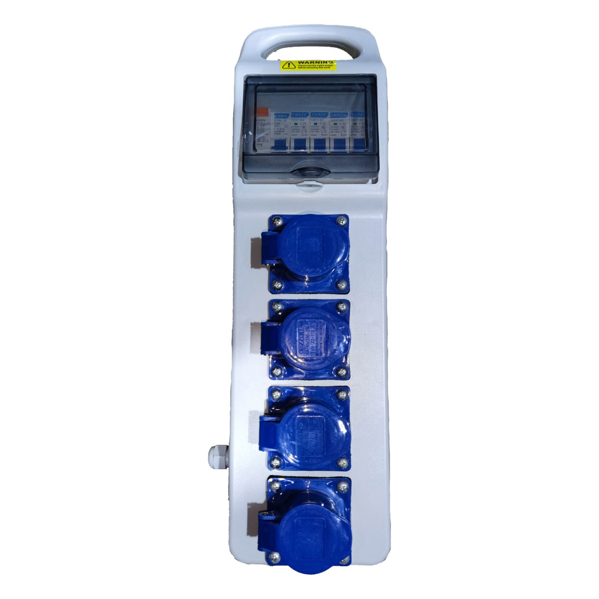 Electrical panel with blue outlets and digital display on a white background