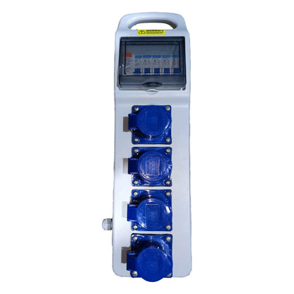 Electrical panel with blue outlets and digital display on a white background