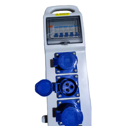 Electrical plug and socket unit with blue connectors on a white background