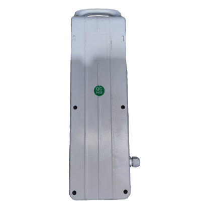 Metallic rectangular device with a green logo on a white background