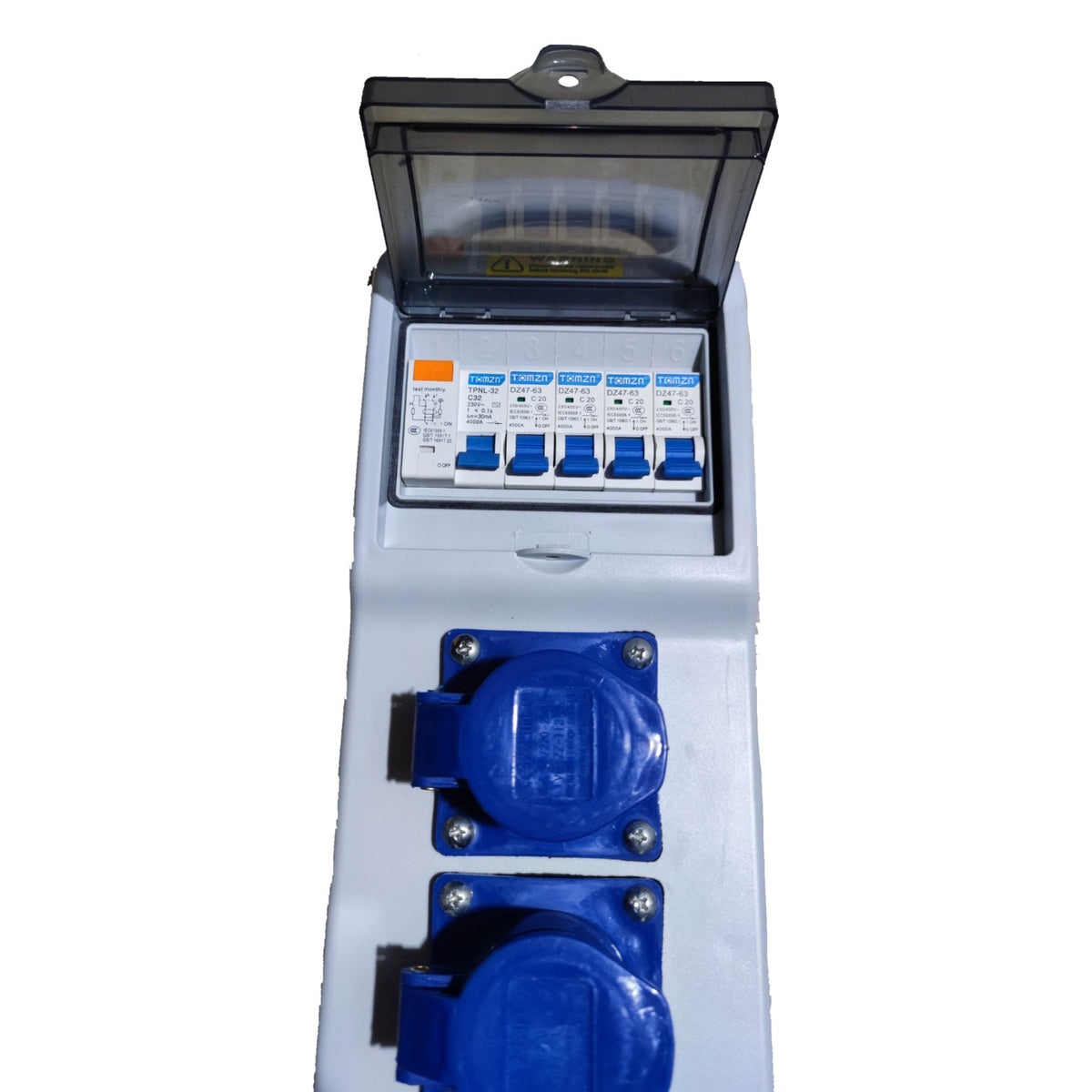 Electrical panel with blue connectors and control buttons on a white background