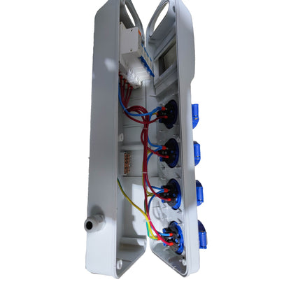 Electrical panel with wires and connectors on a white background