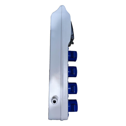 Electrical panel with blue outlets on a white background