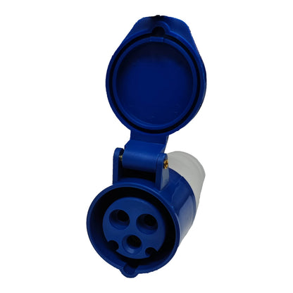 Blue electrical plug on a white background Grippes 16A 2P+E Industrial Outlet Connector Type 6h 380V-415V AC IP44 IEC309-2 # 213 Electx Electrical SUpply