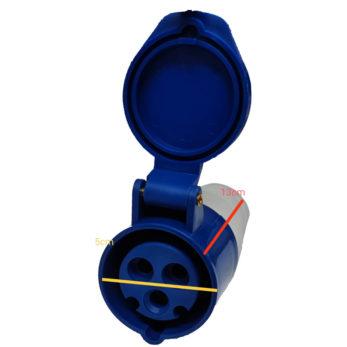 Blue electrical connector with measurement markings on a white background Grippes 16A 2P+E Industrial Outlet Connector Type 6h 380V-415V AC IP44 IEC309-2 # 213 Electx Electrical SUpply