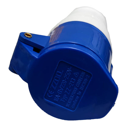 Blue and white electrical plug with visible branding on a white background Grippes 16A 2P+E Industrial Outlet Connector Type 6h 380V-415V AC IP44 IEC309-2 # 213 Electx Electrical SUpply