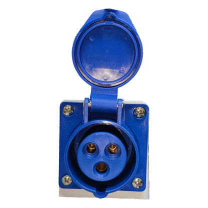Blue electrical connector on a white background Grippes 16A 2P+E Industrial Outlet Wall Type 6h 220V ( 3 Pins ) IP44 # 113 IEC309-2 # 113 Electx Electrical Supply