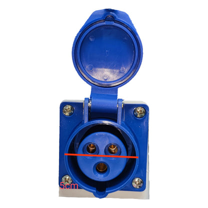 Blue electrical connector with screws on a white background Grippes 16A 2P+E Industrial Outlet Wall Type 6h 220V ( 3 Pins ) IP44 # 113 IEC309-2 # 113 Electx Electrical Supply