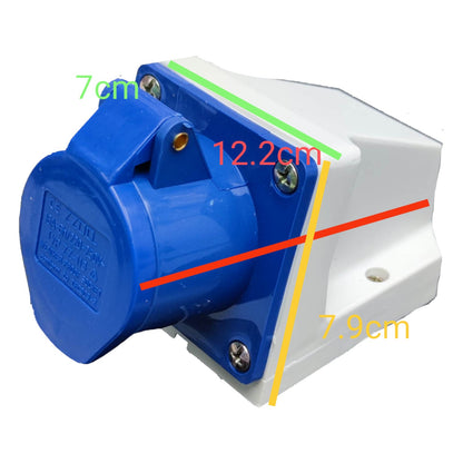 Blue and white mechanical component with measurements on a white background Grippes 16A 2P+E Industrial Outlet Wall Type 6h 220V ( 3 Pins ) IP44 # 113 IEC309-2 # 113 Electx Electrical Supply