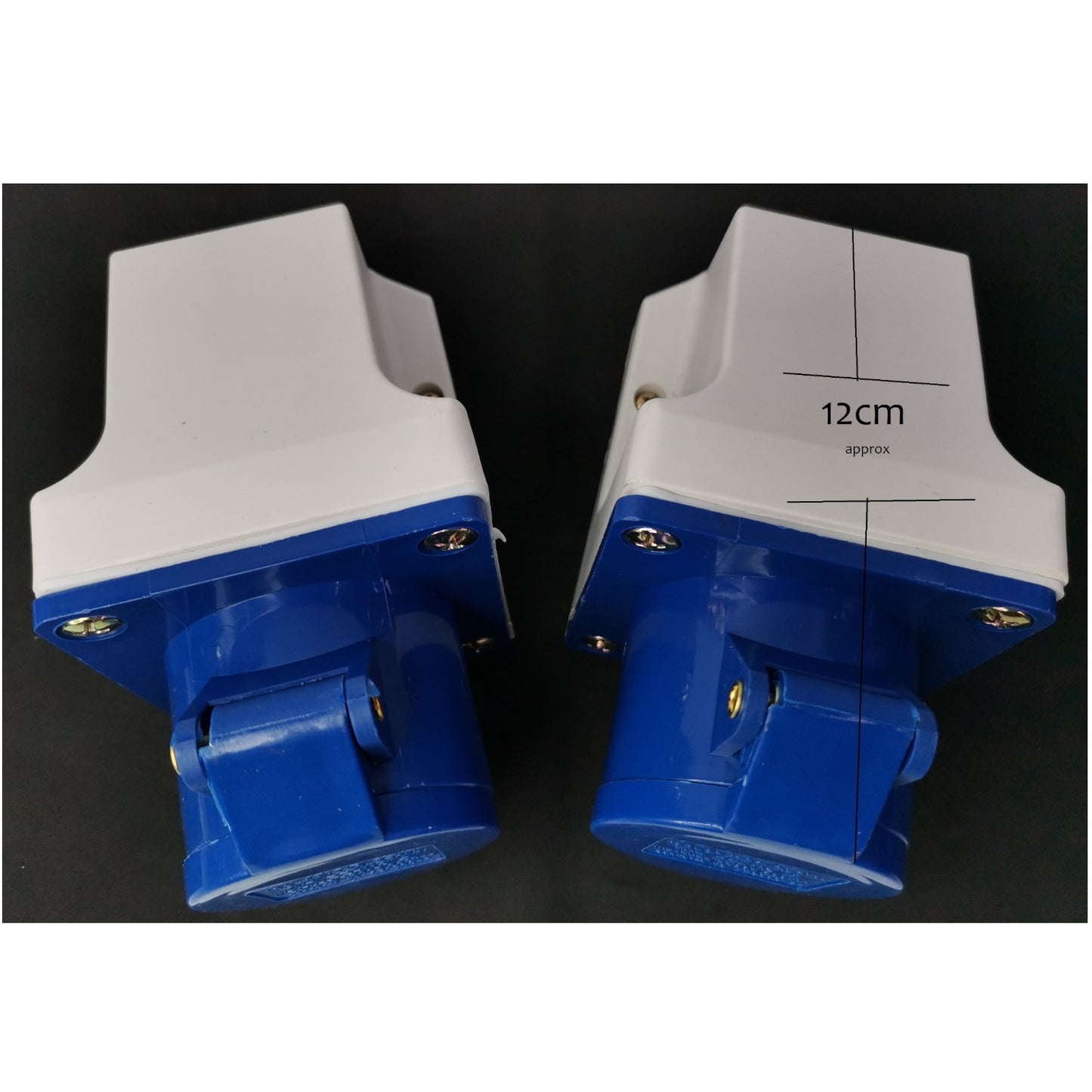 Two blue and white plastic components on a black background Grippes 16A 2P+E Industrial Outlet Wall Type 6h 220V ( 3 Pins ) IP44 # 113 IEC309-2 # 113 Electx Electrical Supply