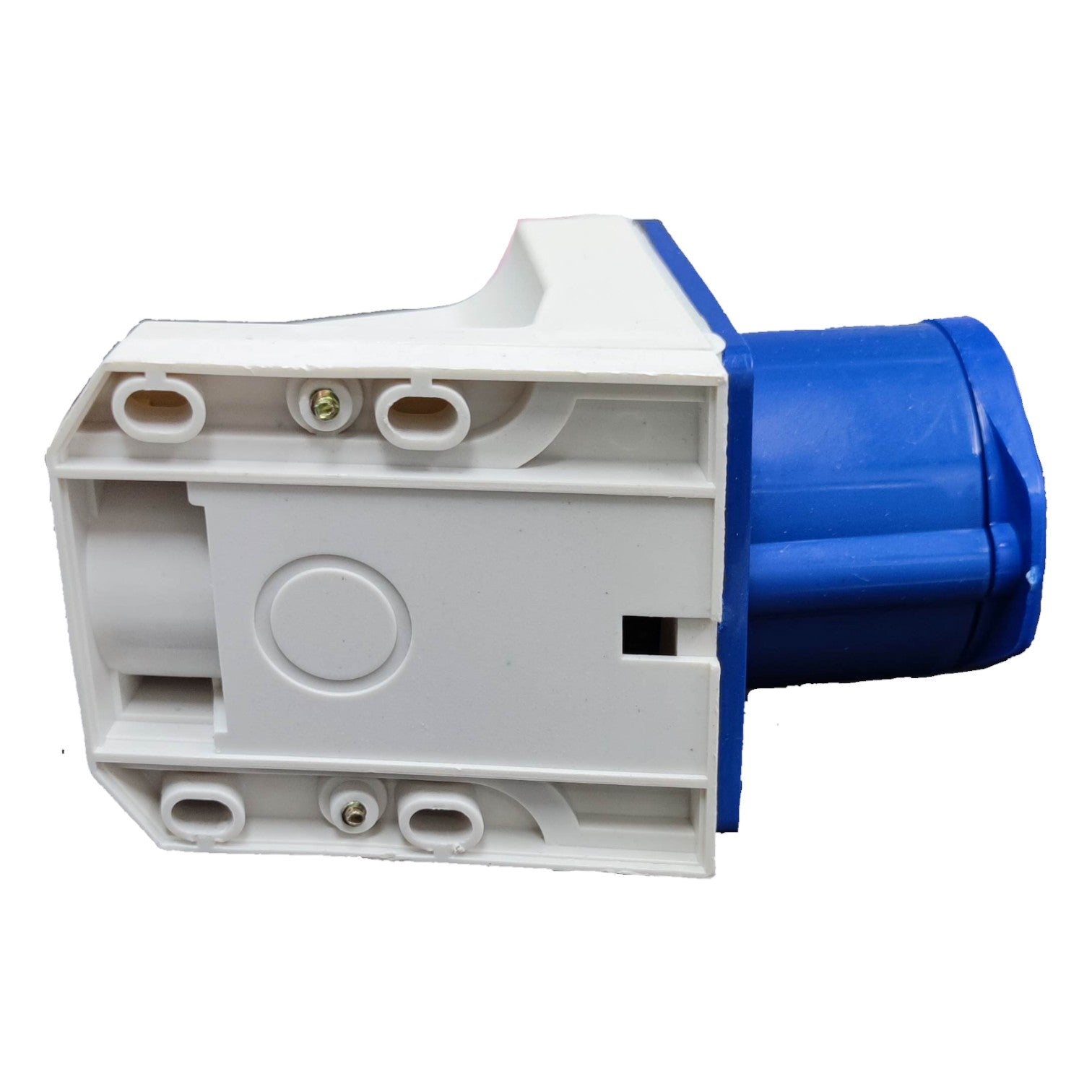 White electrical connector with a blue plug on a white background Grippes 16A 2P+E Industrial Outlet Wall Type 6h 220V ( 3 Pins ) IP44 # 113 IEC309-2 # 113 Electx Electrical Supply