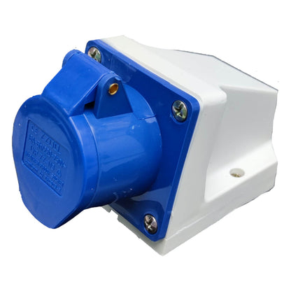 Blue and white electrical connector on a white background Grippes 16A 2P+E Industrial Outlet Wall Type 6h 220V ( 3 Pins ) IP44 # 113 IEC309-2 # 113 Electx Electrical Supply