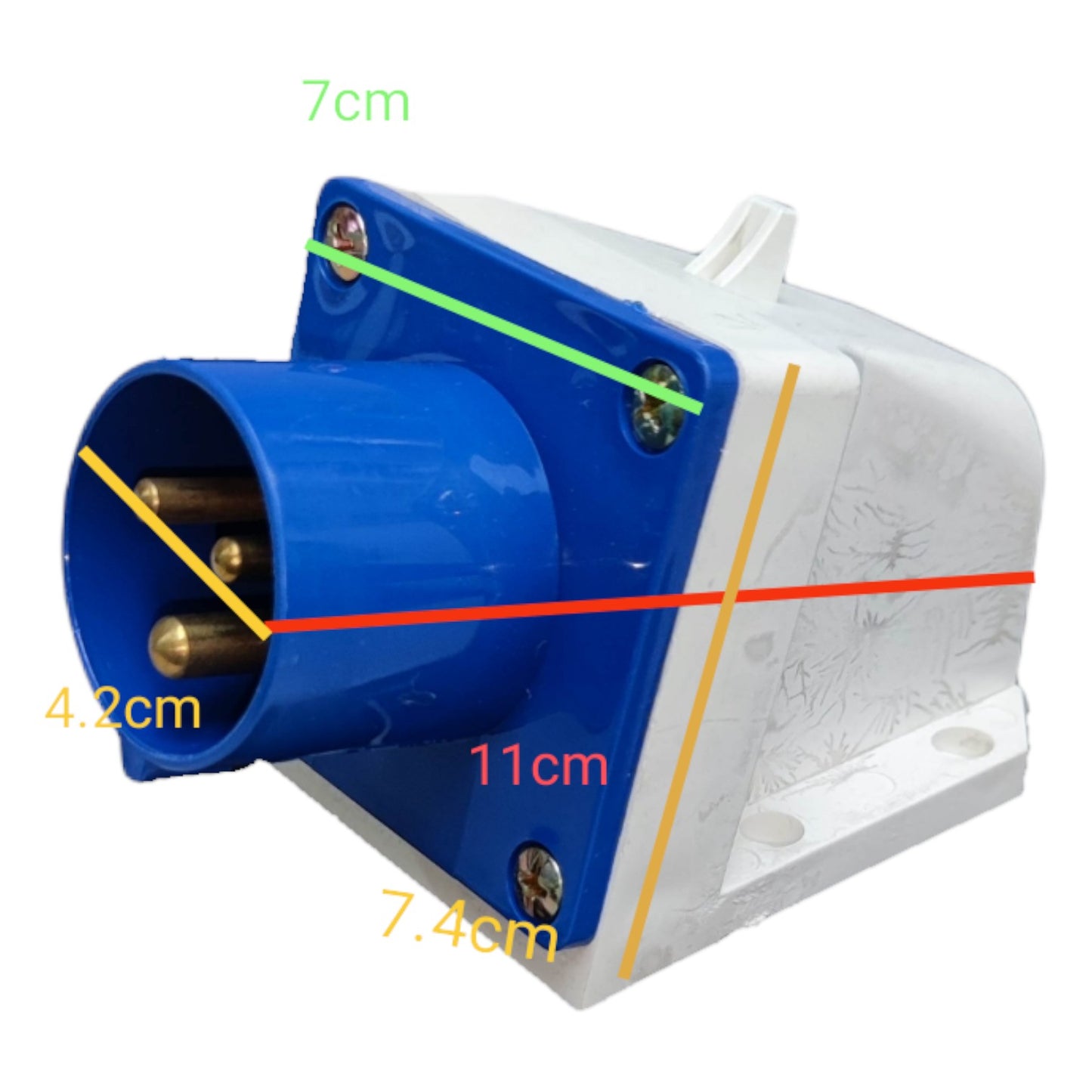 Electrical plug with measurements indicated on a white background Grippes 16A 2P+E Industrial Plug Wall Type ( 3 Pins ) 6h 250V IEC309-2 # 513 Electx Electrical Supply