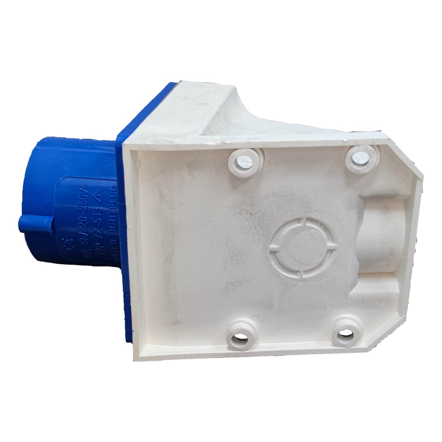 White plastic electrical junction box with blue connector on a white  Grippes 16A 2P+E Industrial Plug Wall Type ( 3 Pins ) 6h 250V IEC309-2 # 513 Electx Electrical Supplybackground