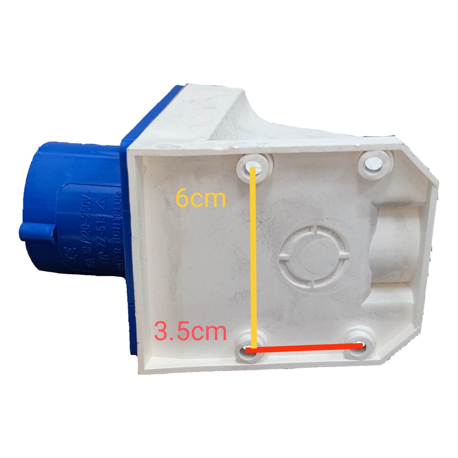 White electrical junction box with blue connector and measurements indicated on a white background Grippes 16A 2P+E Industrial Plug Wall Type ( 3 Pins ) 6h 250V IEC309-2 # 513 Electx Electrical Supply