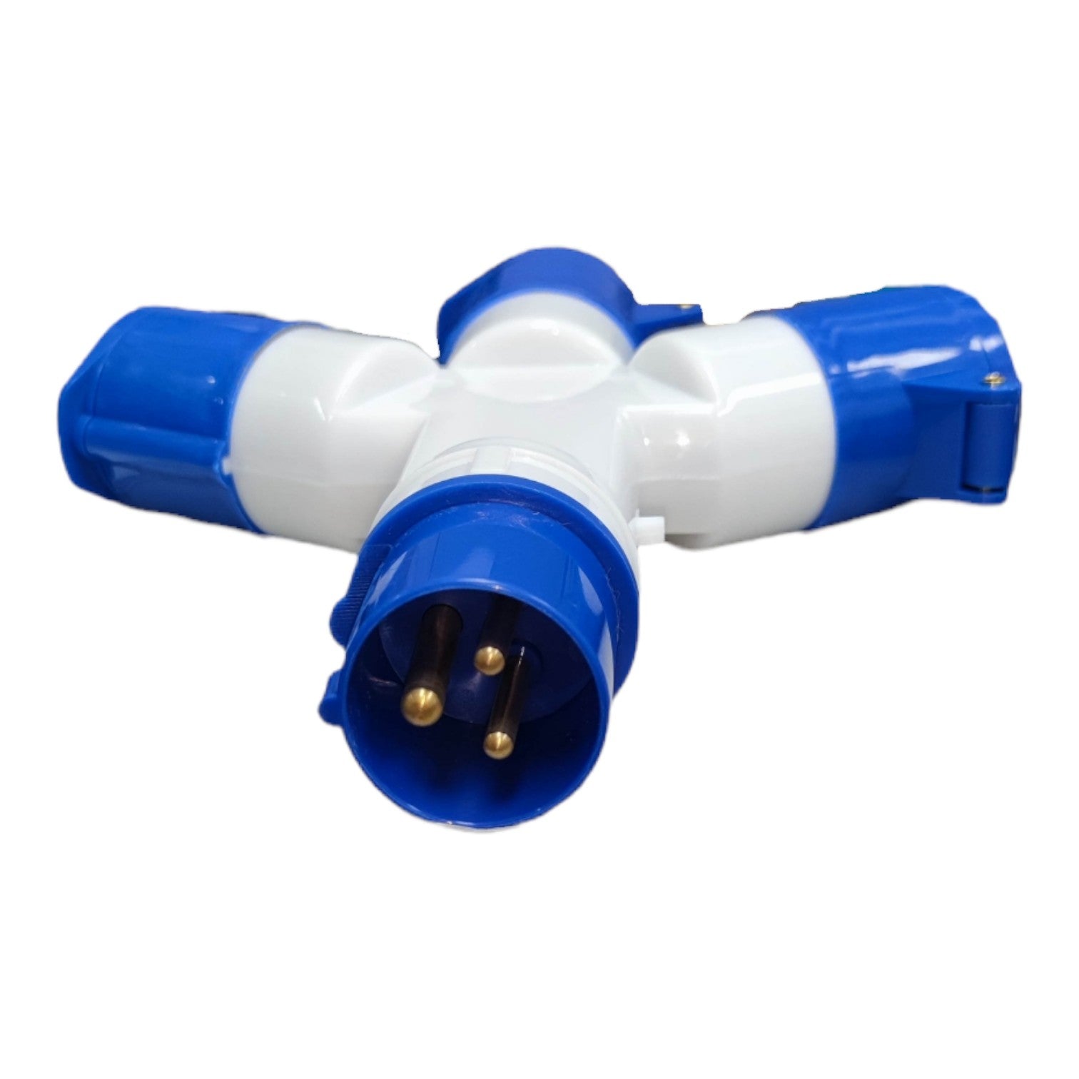 Blue and white electrical plug on a white background Grippes 16A 2P+E Industrial Splitter Connector 6h 220V ( 3 Pins ) IP44 1 Male 3 Female IEC309-2 # 1013 Electx Electrical Supply