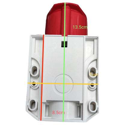 Red and white electrical junction box with measurement markings on a white background